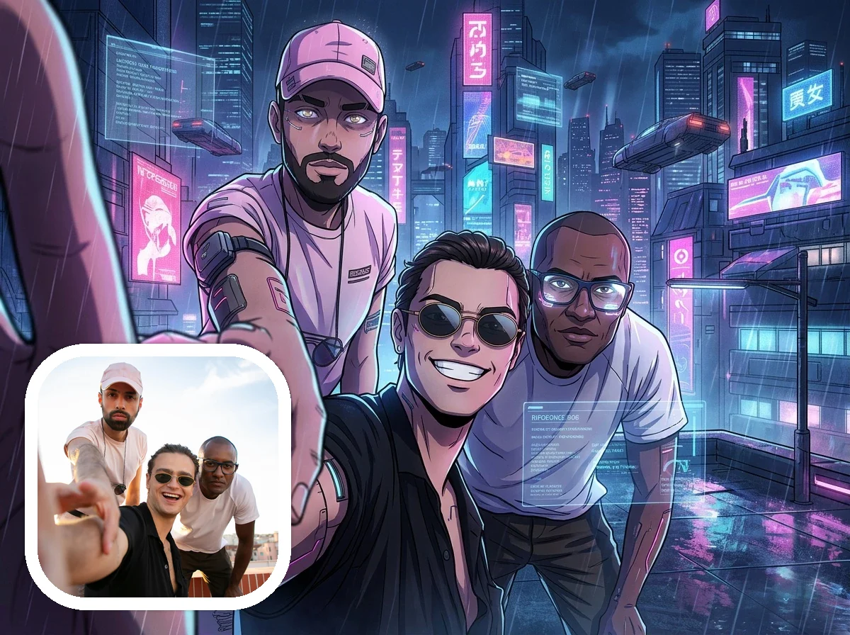 Cyberpunk Anime urban crew scenes before and after example