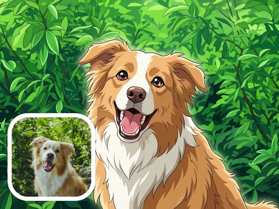 Pet cartoonizer result showing a dog and cat transformed into anime characters