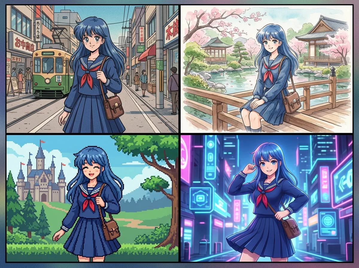 One character rendered in retro anime, watercolor, pixel art, and 3D styles