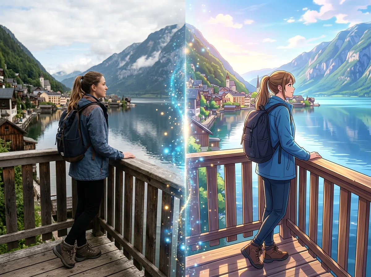 Before and after example of photo to anime conversion with preserved composition