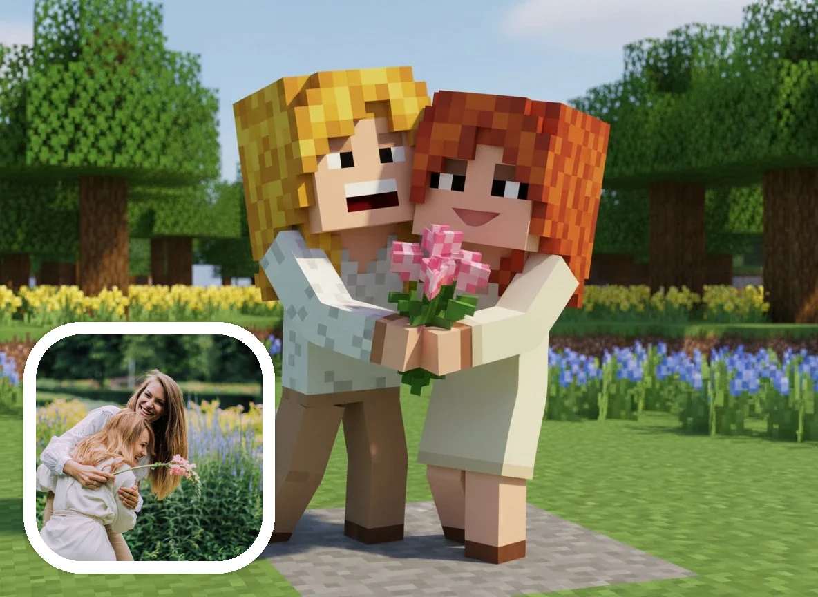 友人写真をMinecraft風ゲームシーンに変換したビフォーアフター