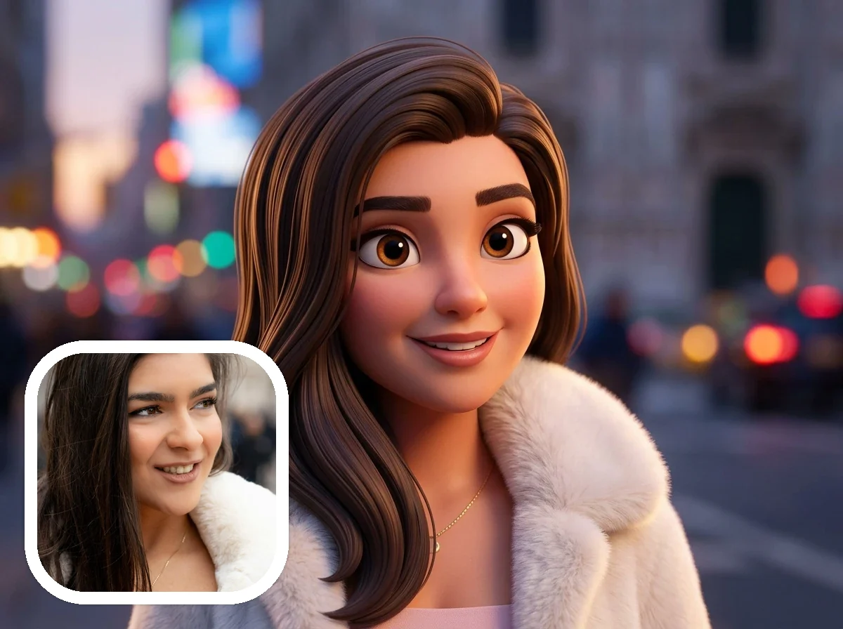 Pixar Style 3d character portraits before and after example